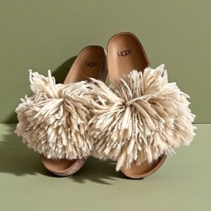 UGG Tan Cindi Yarn Fluffy Pom Pom Slides